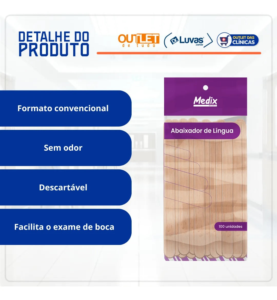 Abaixador De Língua Madeira Palito C/100 - Medix