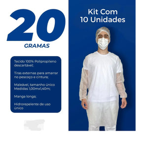 AVENTAL DESCARTÁVEL MANGA LONGA 20G TECBOND - 10 UNIDADES